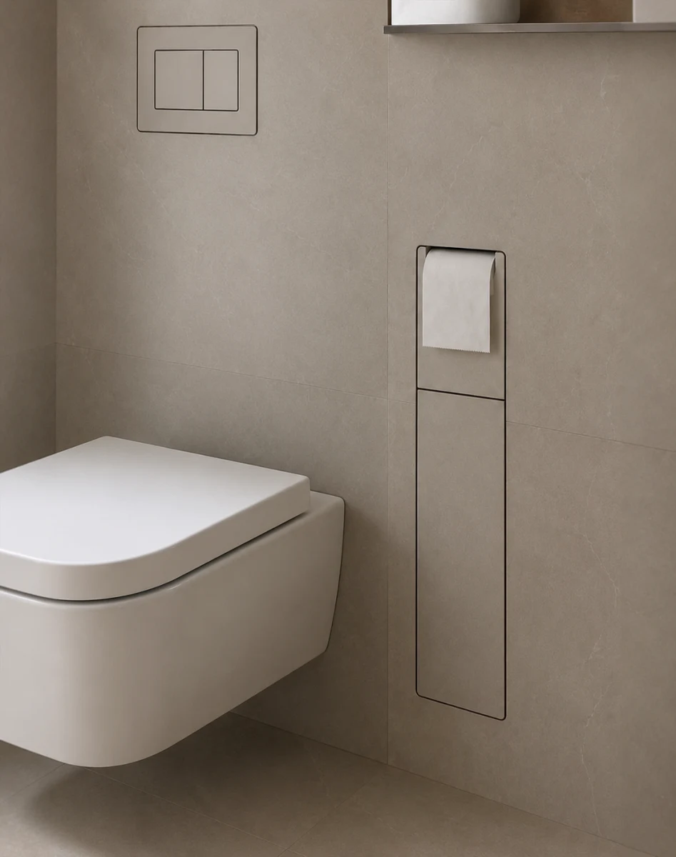 Hidden toilet paper and brush holder - installed view 1